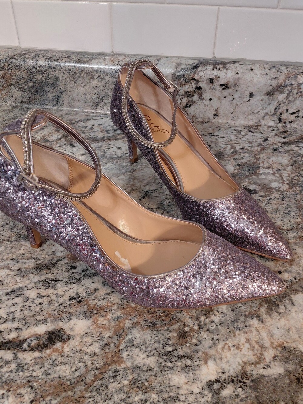 Women's Jewel Badgley Mishka Lavender Glitter Pointed-Toe Kitten Heels W/ Strap